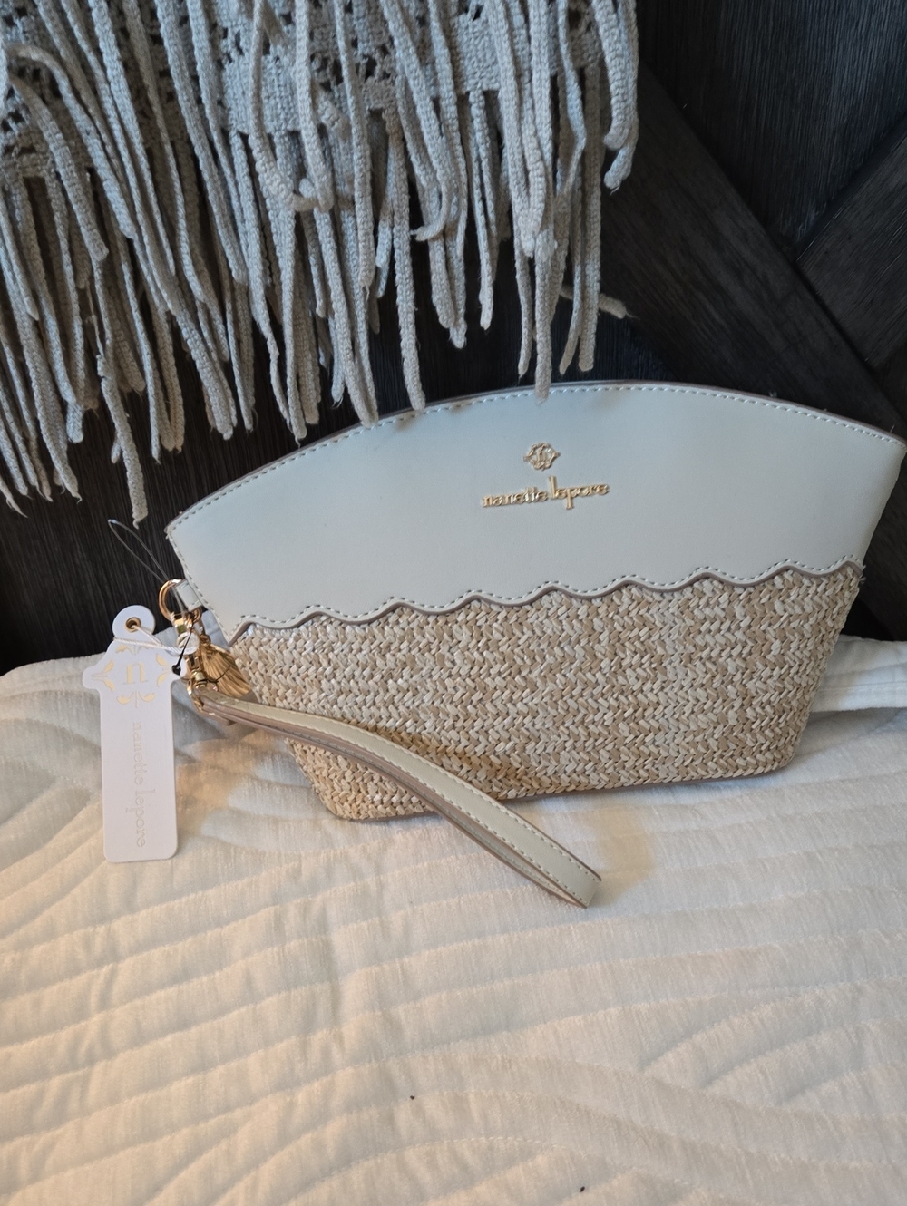 Nanette Lepore Cream and Natural Woven Wristlet Clutch